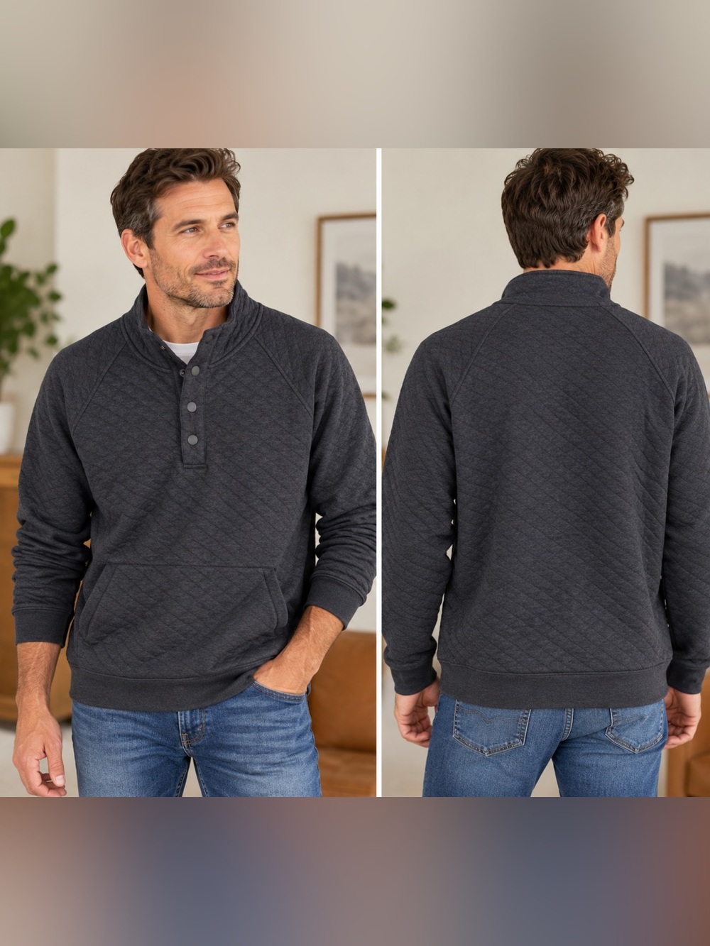 Eddie Bauer Men’s XL Quilted Pullover Sweatshirt 60% Cotton Charcoal